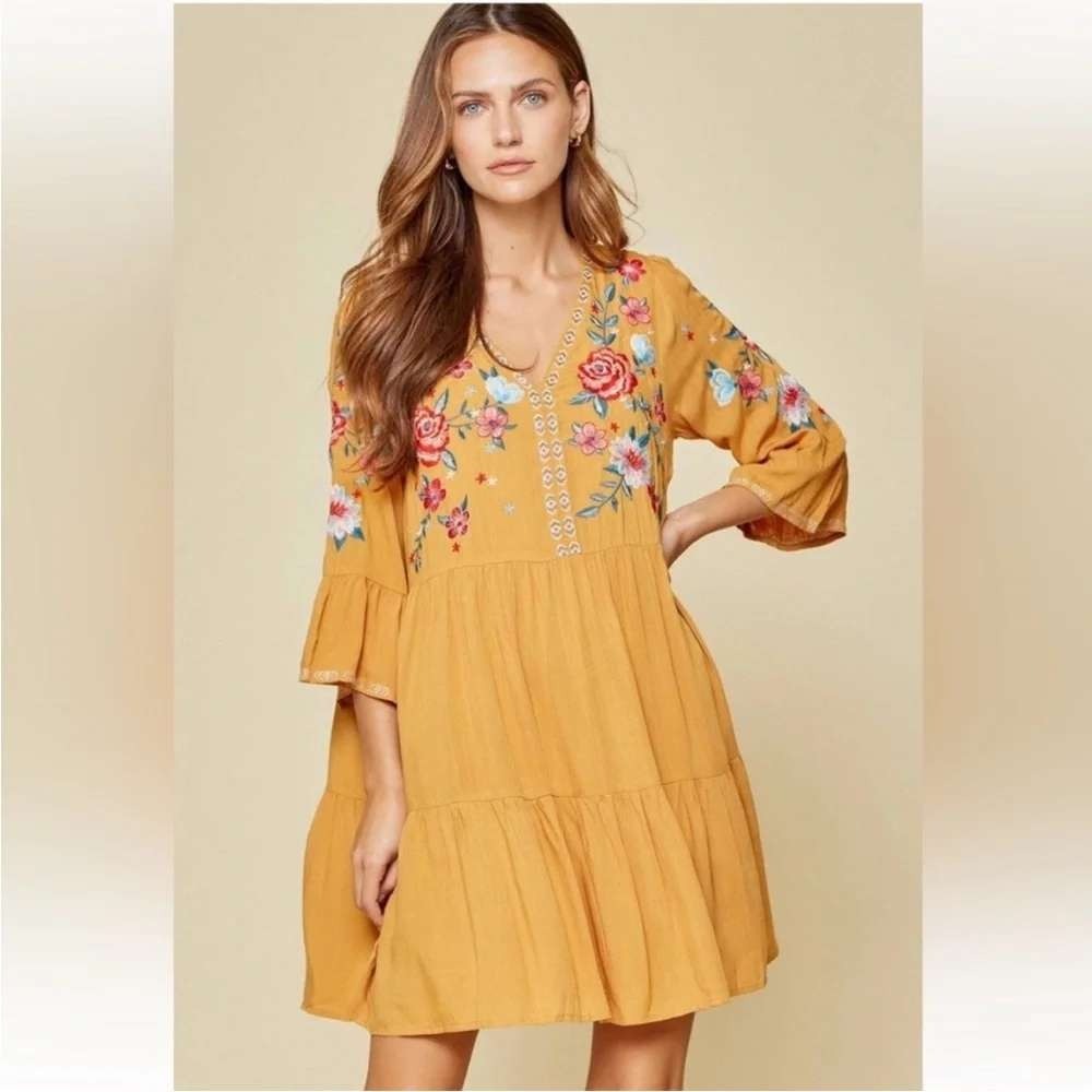 Savanna Jane Mustard Yellow Floral‎ Embroidered Boho Tiered Babydoll Dress Large